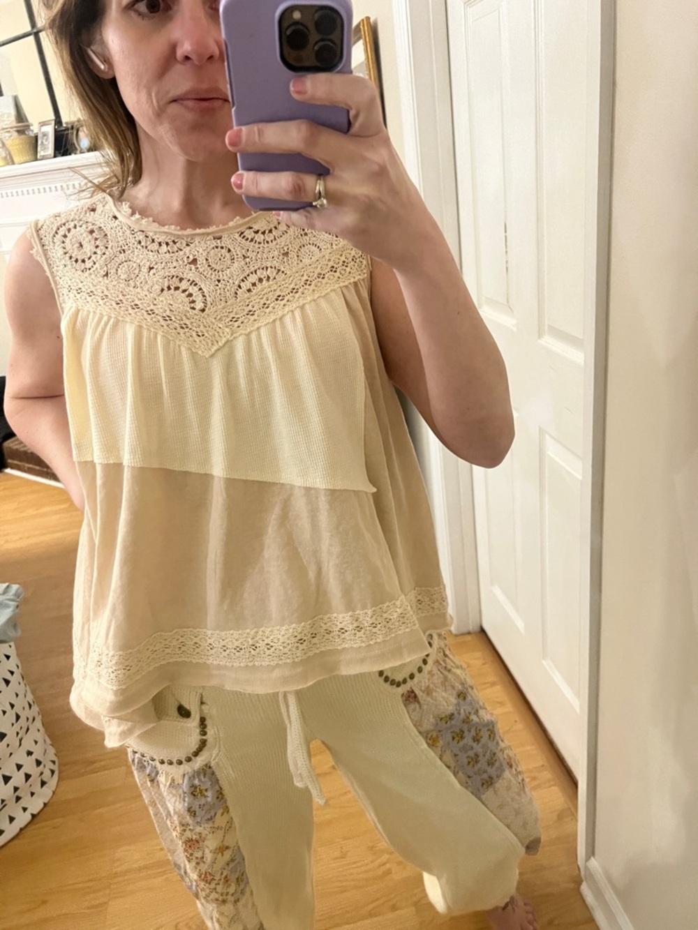 POL Cream Crocheted Lace Patchwork Tank Top